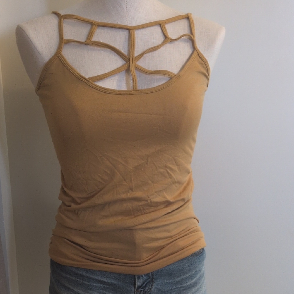 Zenana Outfitters Tan Cage Strap Tank Top